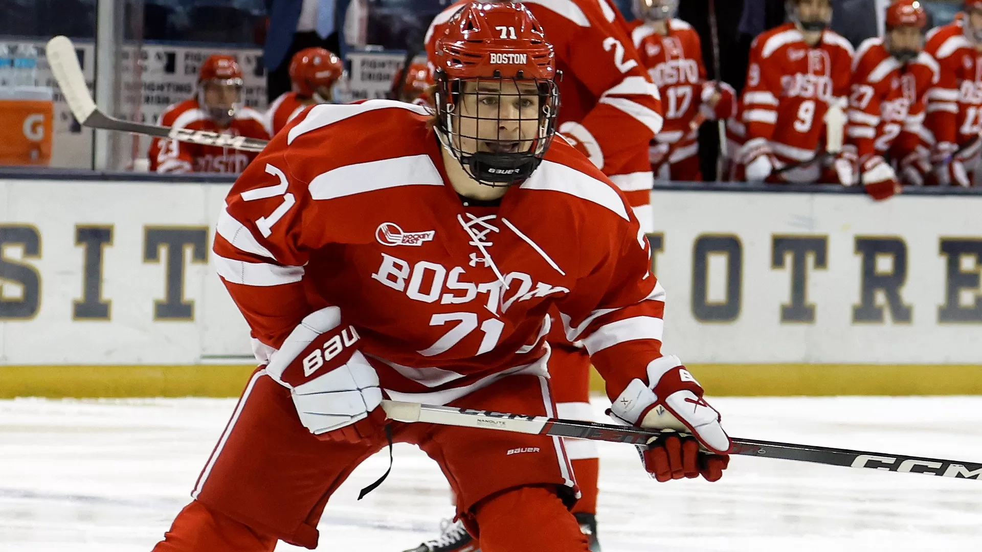 Macklin Celebrini, the top option in Gabriel Foley's midseason 2024 NHL Draft rankings, seeks down the puck.